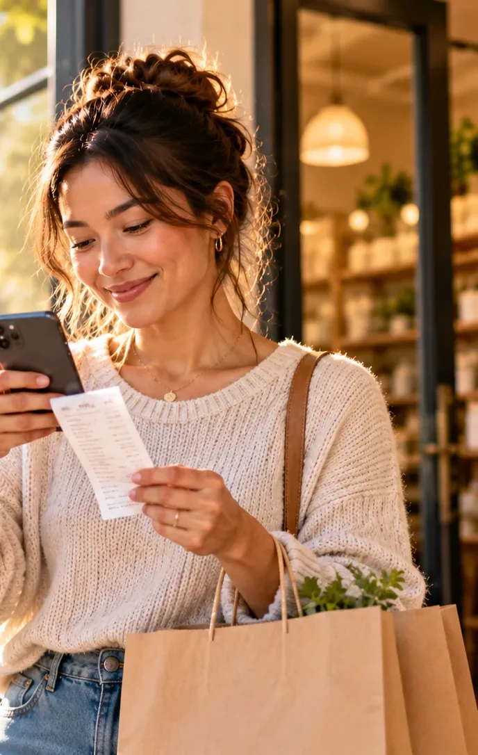 Woman photographing a receipt after shopping