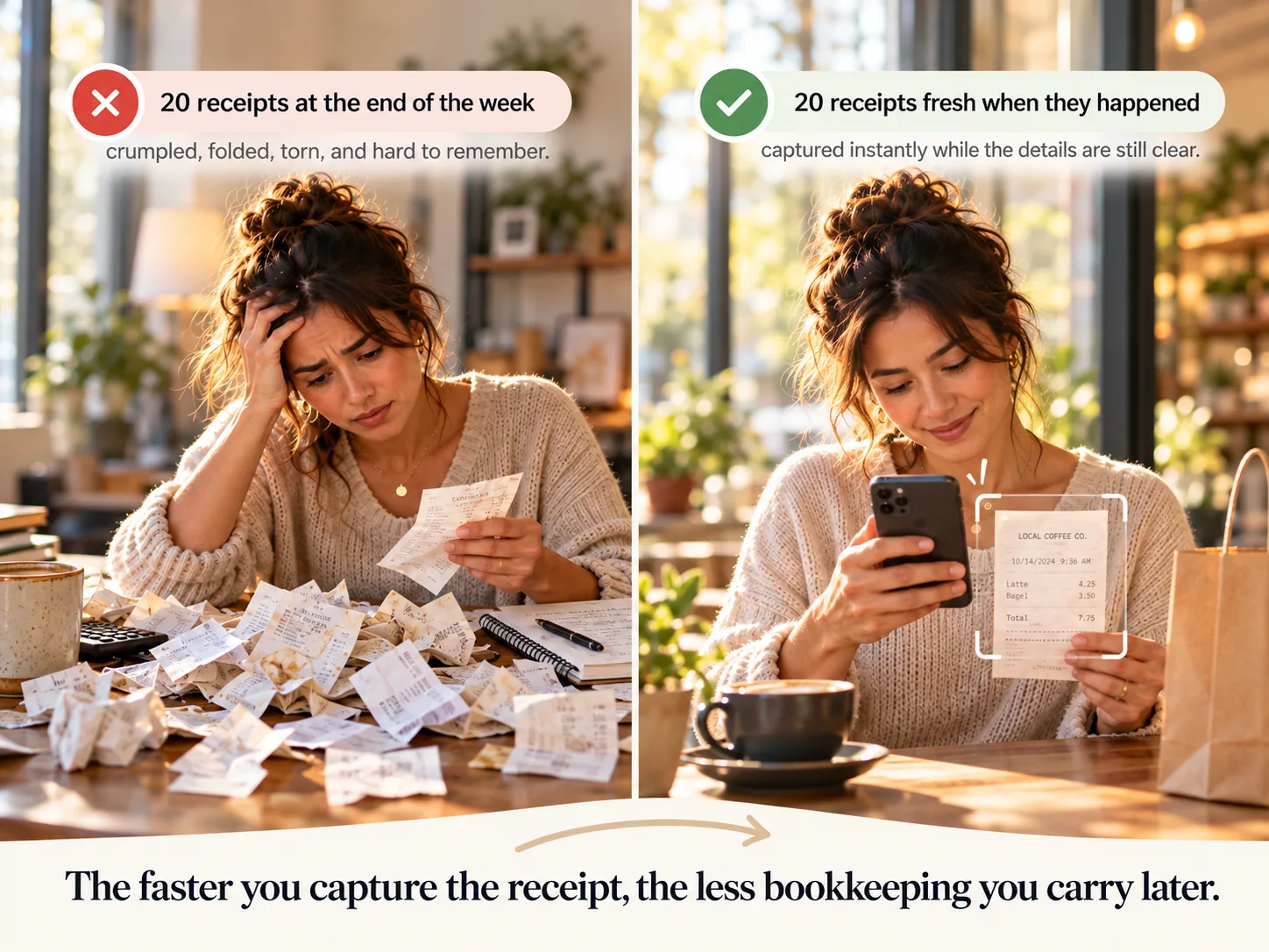 Comparing a pile of crumpled receipts with quick receipt photos